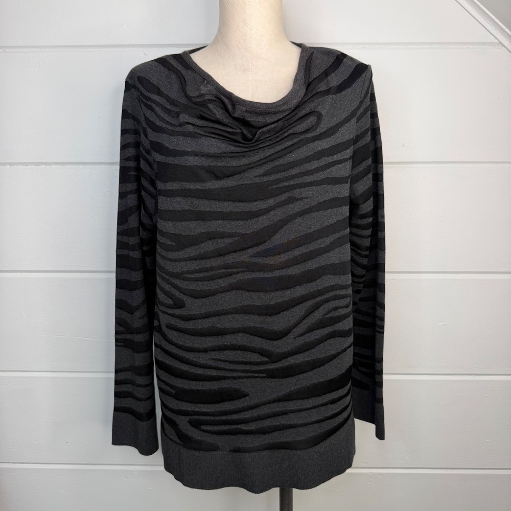 Dana Buchman Signature Zebra Print Cowl Neck Sweater XL Grey Black Y2K Animal
